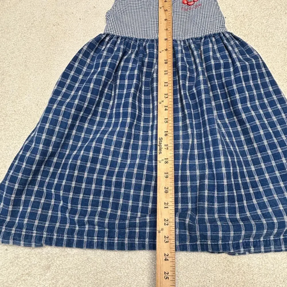 Vintage OshKosh B'Gosh Dress Girls 6X Blue Plaid Gingham Cherry Jumper Made USA